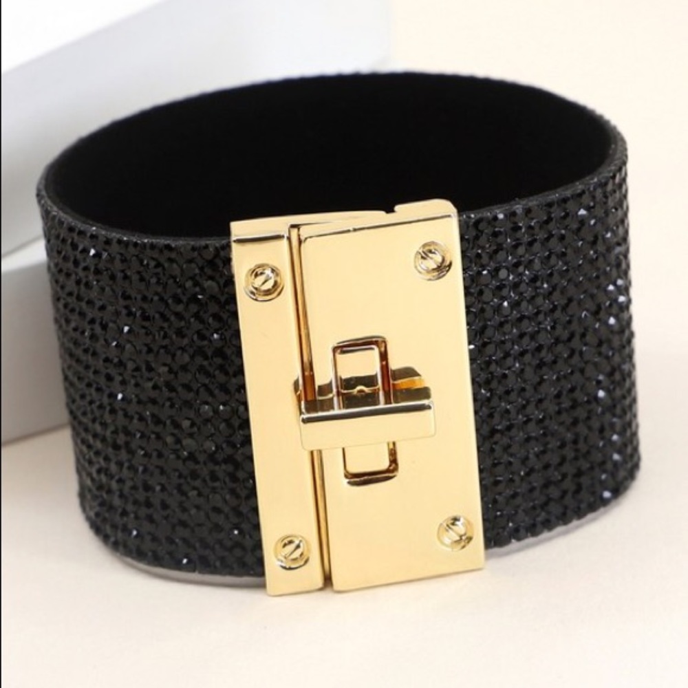 Rhinestone embellished lock closure cuff bracelet